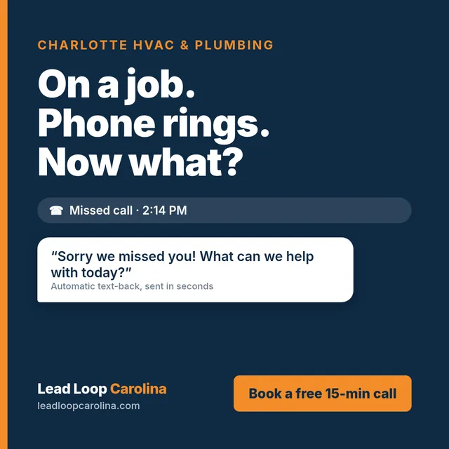 Ad: On a job. Phone rings. Now what? A missed call at 2:14 PM gets an automatic text-back sent in seconds.